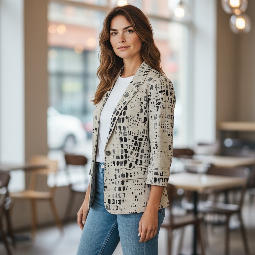 COLDWATER CREEK Print Blazer Jacket 12 White Black Linen Blend 3/4 Sleeve - Picture 16 of 16